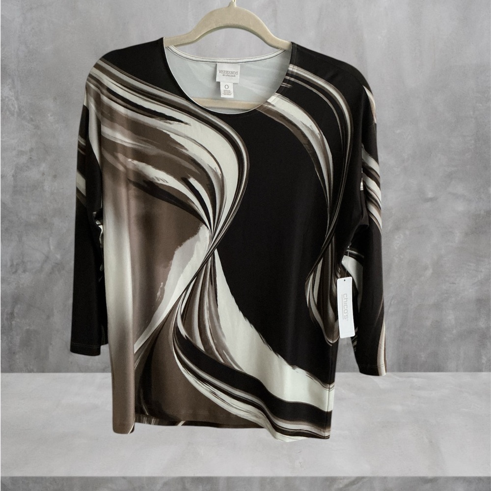 Brown Tan White Top Bold Swirls Light Comfy Pullover  Size 0 Chico's NWT
